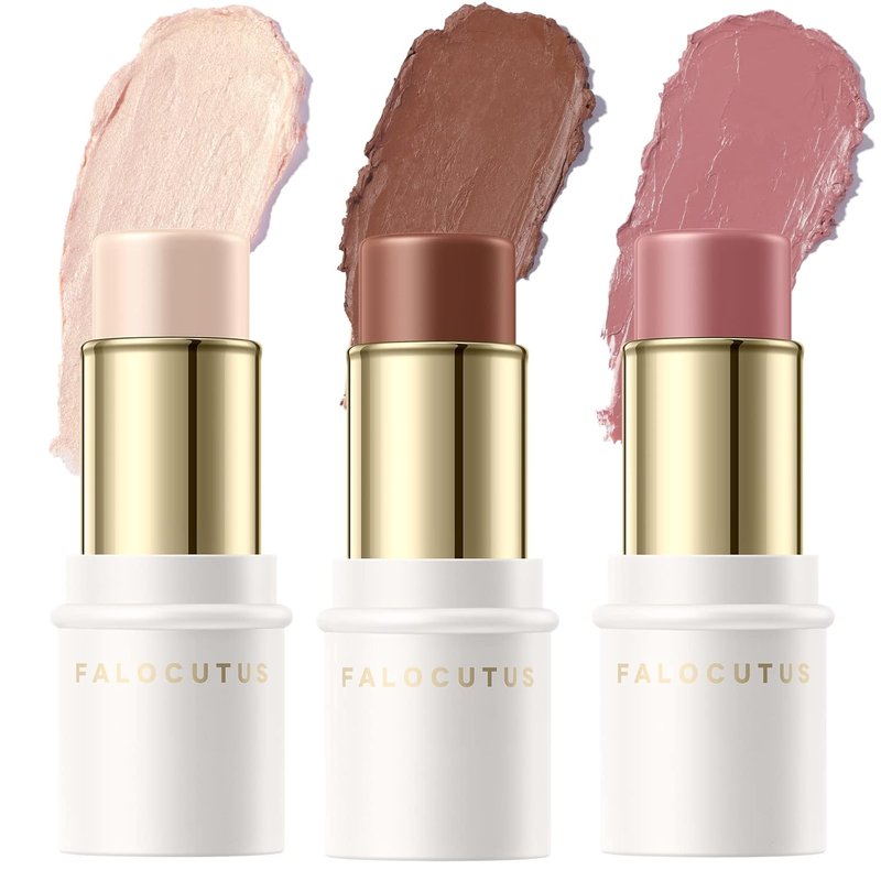 FALOCUTUS Contour Stick Set - 3 Pcs Cream Blush & Highlighter | Long-Lasting Natural Face Makeup for All Skin Types