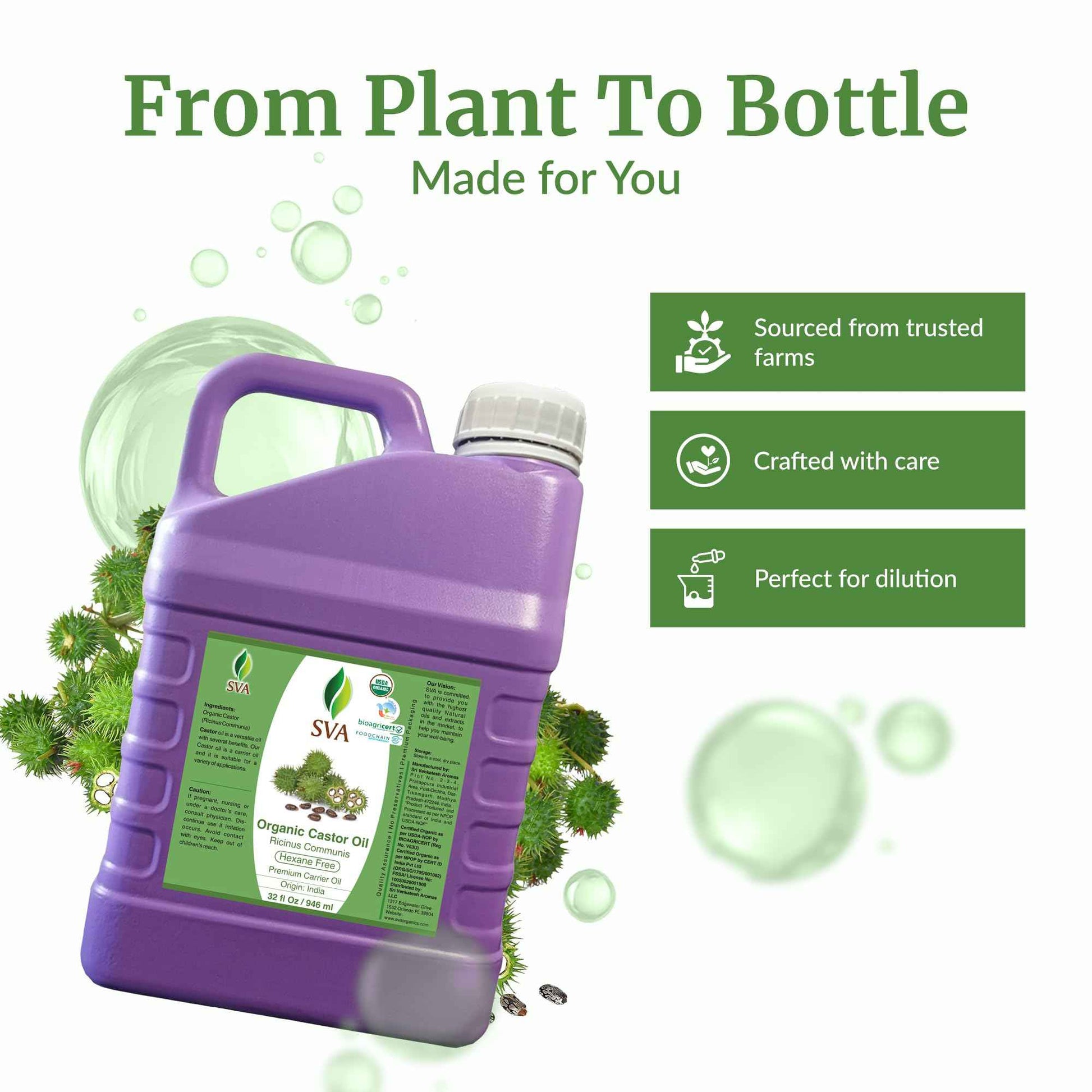 SVA Castor Seed Oi Organic - 32 Fl Oz – 100% Natural Cold Pressed Organic Castor Oil - for Face, Skin Care, Hair Care, Scalp Massage & Body Massage