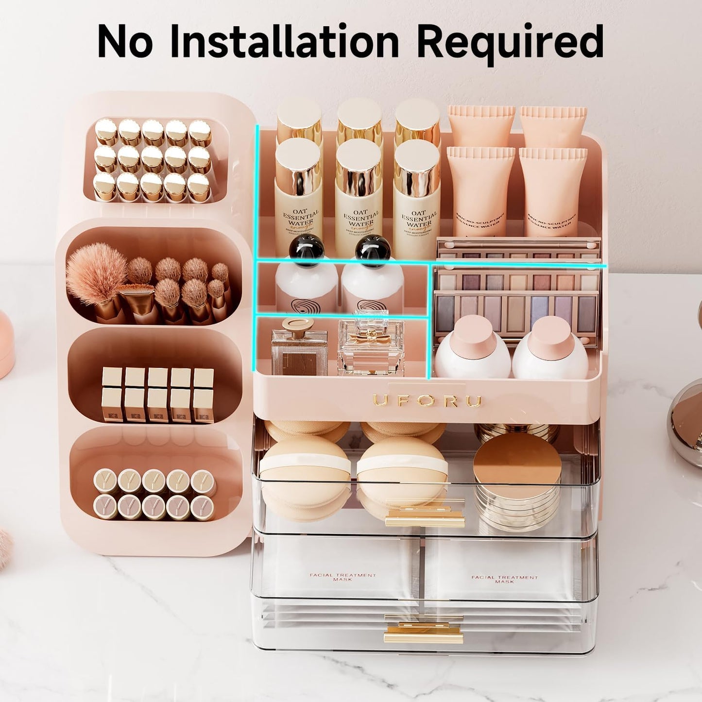 Makeup Organizer for Vanity - Large Capacity Skincare & Cosmetic Display Case with 2 Drawers | Brush Holder & Perfume Storage