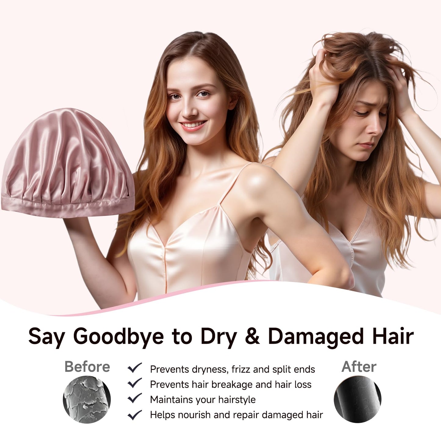 Kaome 100% Mulberry Silk Bonnet for Sleeping Women, 22 Momme Double Layer Silk Hair Wrap, Non-Slip Sleep Cap with Adjustable Elastic Band for Long Curly Hair Care, Comfortable and Breathable, Pink