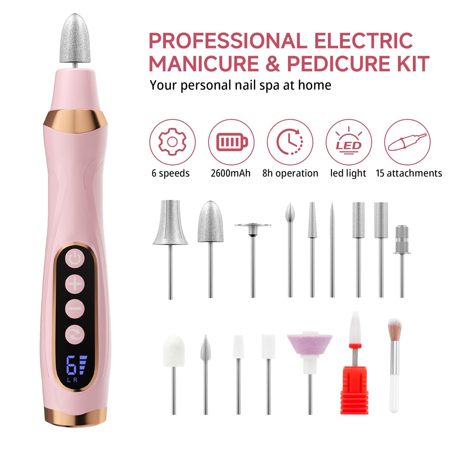 Cordless Nail Drill, Long-Lasting Electric Nail File, Low Noise Electric Nail Drill with 360° LED Light & 6 Speeds, Toenail Grinder for Thick Nail Toenail Cuticle Women Men Baby Pets