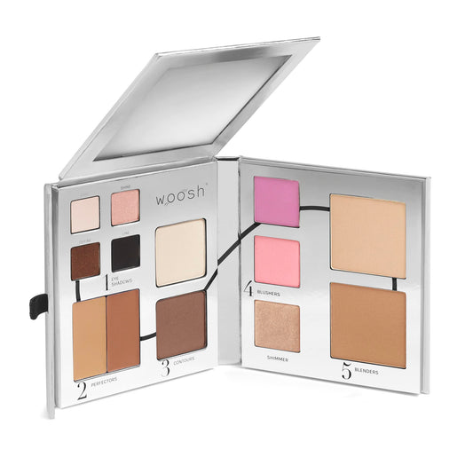 Woosh Beauty Fold Out Face Makeup Palette for Women, Nonrefillable – All-in-One Face Makeup Kit with Foundation, Concealer, Contour, Blush, Highlighter, Eyeshadow – Curated Shades by Skin Tone
