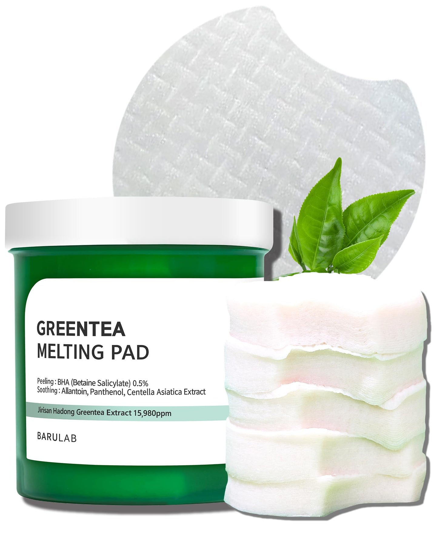 BARULAB Green Tea BHA Melting Toner Pads with Centella Asiatica Soothing Hydrating Moisturizing for All Skin Types | Anti-blemish Daily Care Gentle Mild Peeling Exfoliating Korean Skincare, White