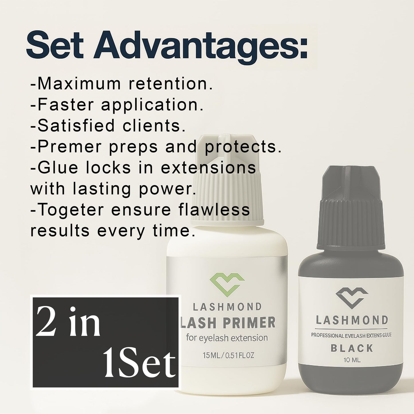 Lashmond Eyelash Extension Glue & Primer Set – Professional Black Lash Adhesive (10ml, 2-3s Drying, 6-8 Weeks Retention) + Lash Primer (15ml) for Lash Artists & Beginners