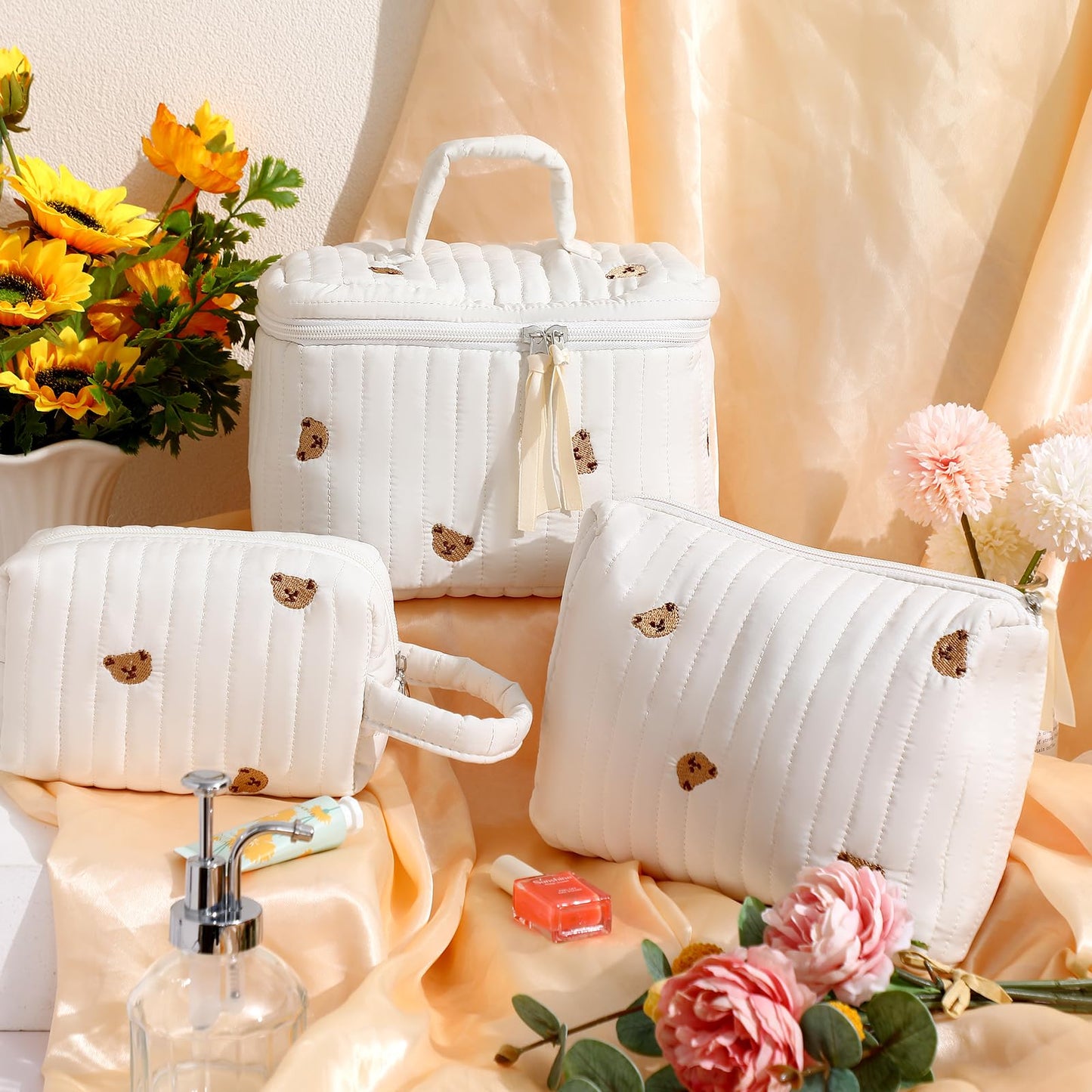 Paterr Makeup Bag Set 3 Pcs Large Quilted Cotton Make up Bags for Women Cosmetic Travel Toiletry Organizer Pouch Cute Aesthetic Storage Purse(White,Little Bear)