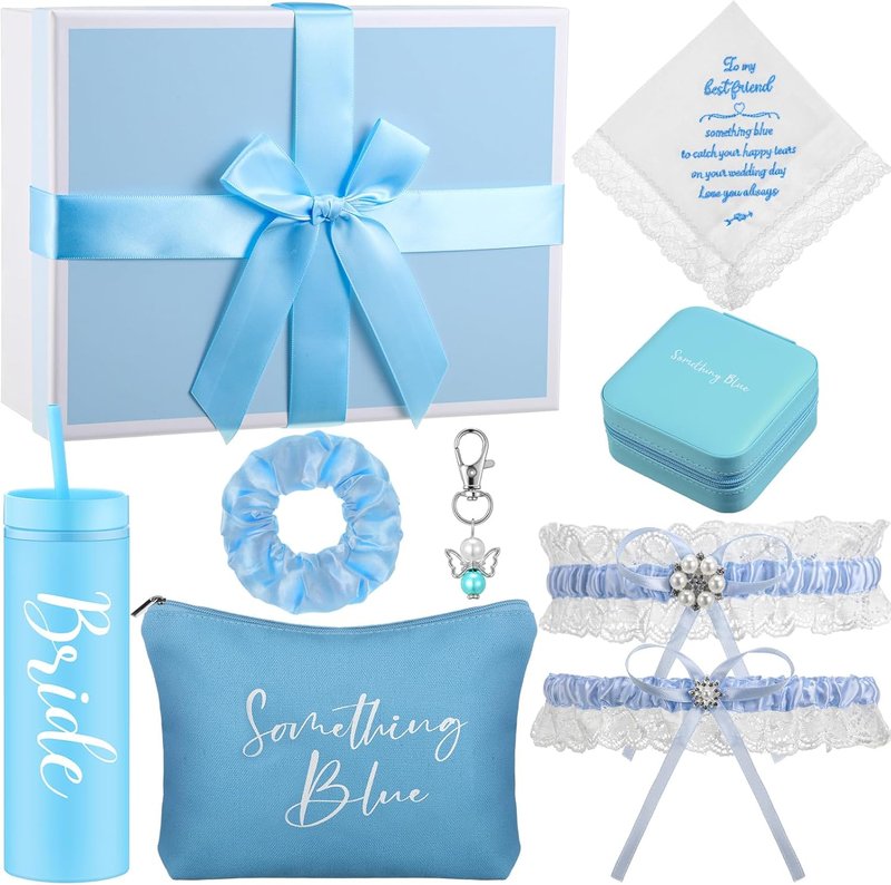 Something Blue Wedding Gift Set - 8 Pcs Handkerchief, Tumbler, Garter & More | Bridal Accessories
