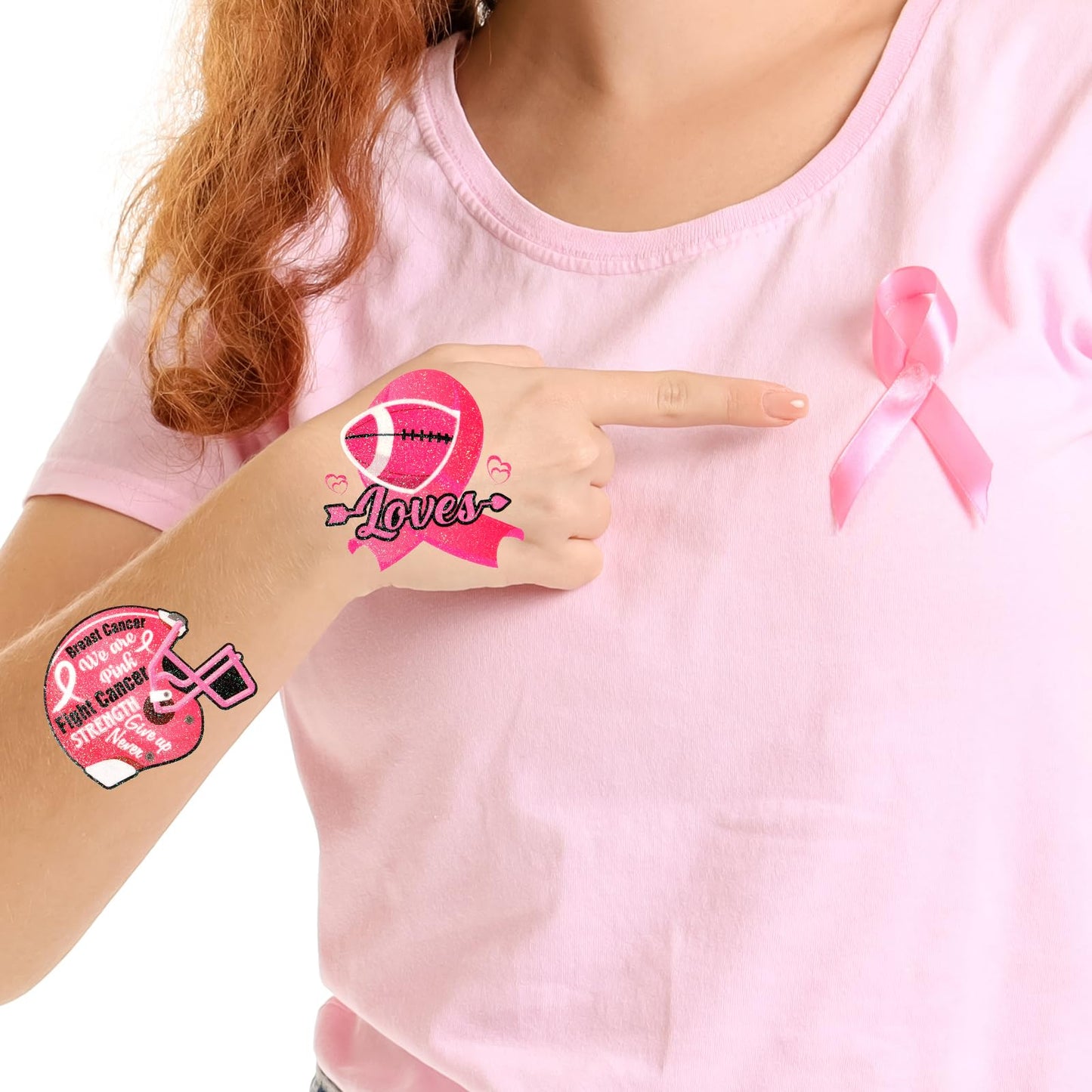 HOWAF 72pcs Breast Cancer Awareness Temporary Tattoos, Glitter Pink Out Football Tattoos, Football Pink Ribbon Themed Tattoos Stickers for Breast Cancer Month Charity Event Supplies Favors