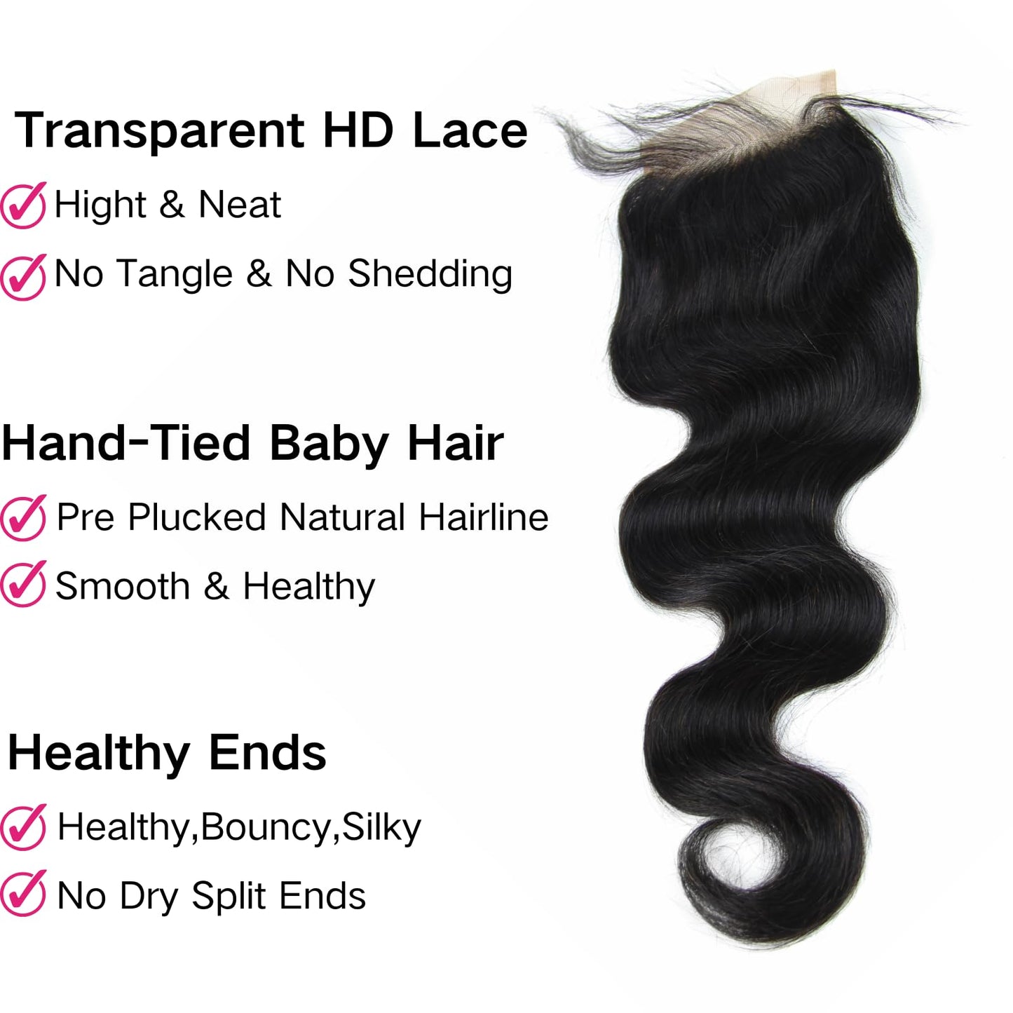 4x4 Lace Closure Body Wave - Transparent HD Free Part Invisible Lace Closure 100% Brazilian Virgin Human Hair Pre Plucked with Baby Hair Natural Black 12A Grade (18 Inch)
