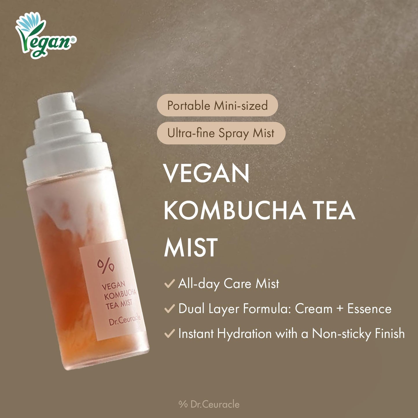 Dr.Ceuracle Vegan Kombucha Tea Mist - Hydrating Face Mist, Portable Milky Spray Serum, Korean Skincare for Stocking Stuffers (80 ml / 2.70 fl. oz.)