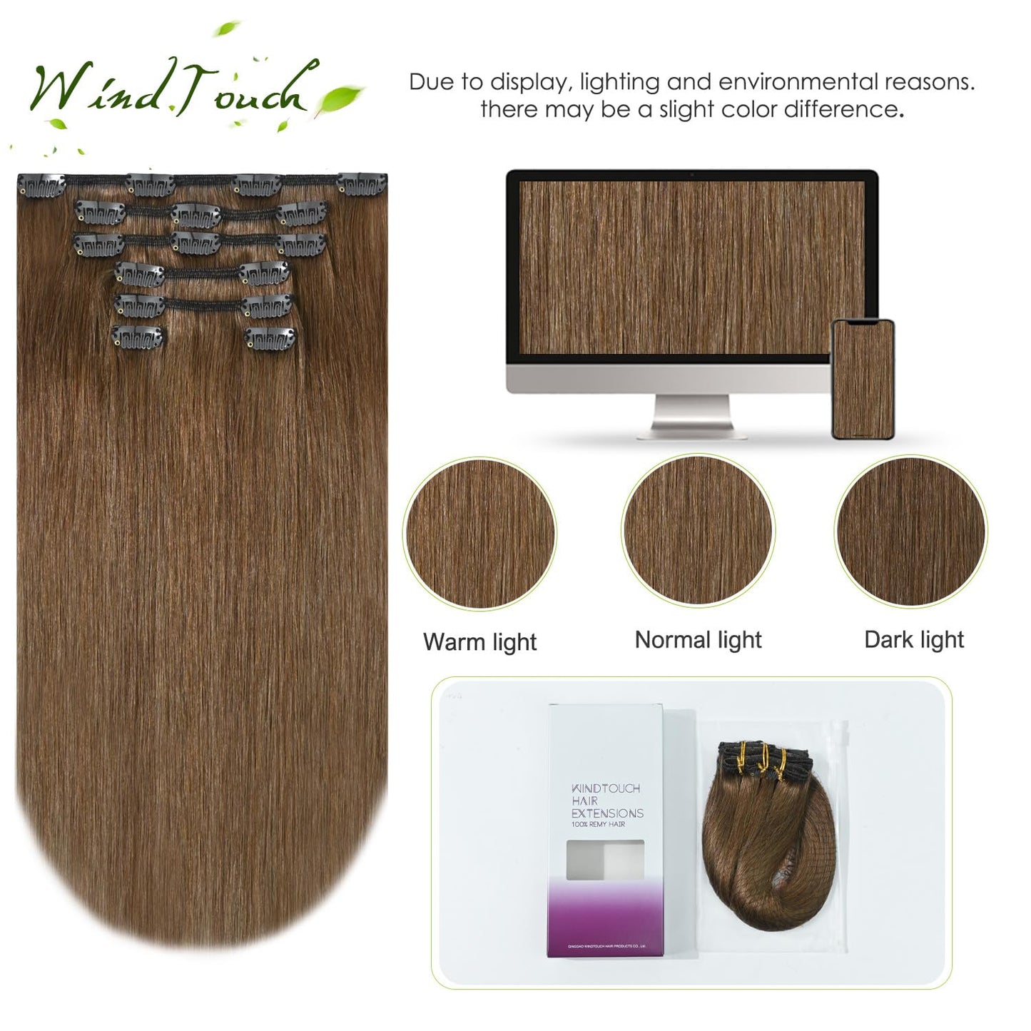 WindTouch Clip in Hair Extensions Light Brown Hair Extensions 12Inch 75g 7PCS Human Hair Clip in Extensions #6 Chestnut Brown Extensions for Women