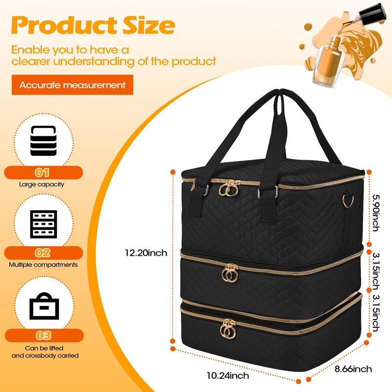 Cheungren Nail Bag Organizer Case - Three Layer Nail Polish Storage Bag with Adjustable Dividers Holds 84 Bottles Nail Polish Nail Lamp Nail Kit Supplies Organizer Box - Black