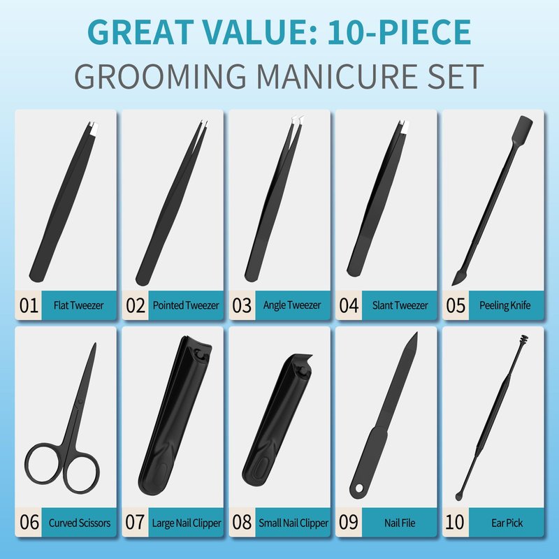 ESSBES Manicure Set 10 in 1 Stainless Steel Nail Clippers Scissors Tweezers Grooming Kit with Travel Case (Black)