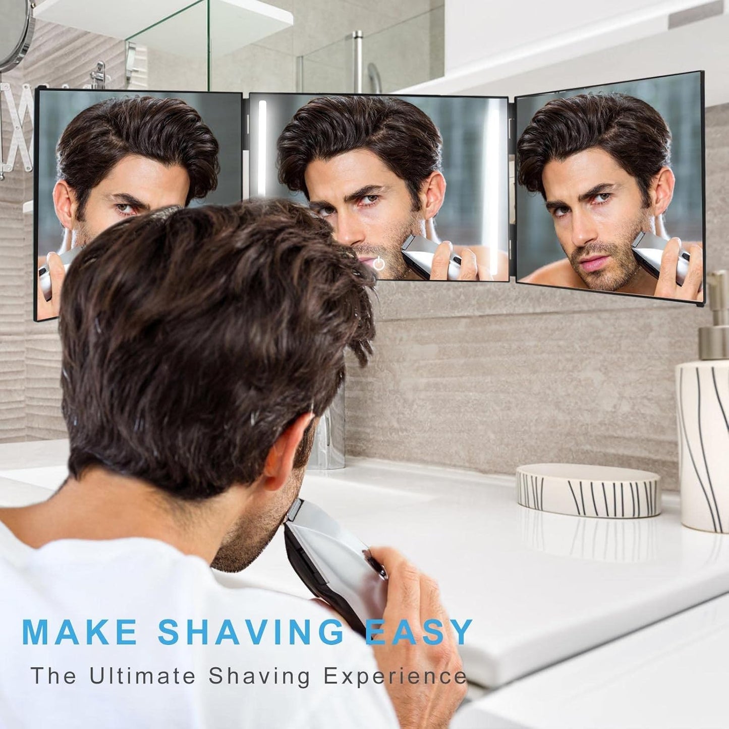 Kirli 3 Way Mirror for Self Hair Cutting – 360° with LED Lighting, Portable Trifold Mirror to See Back of Head, Adjustable Hooks, Ideal for Men & Women Styling (Black - with Led)