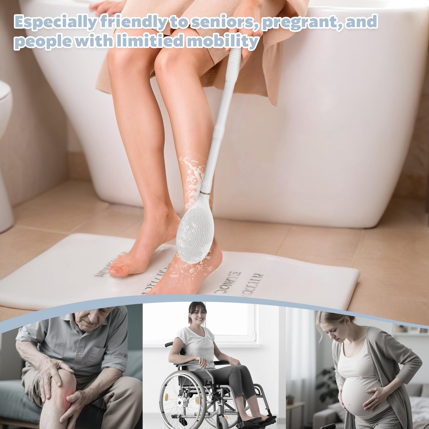 GEENOA New Foot Brush & Back Scrubber Set 2PCS, 10.2''- 27.5'' Adjustable Foot Scrubber for Shower, 18.9'' Shower Back Scrubber with 3-Length Usage, Great Aid for People with Limited Mobility(White)