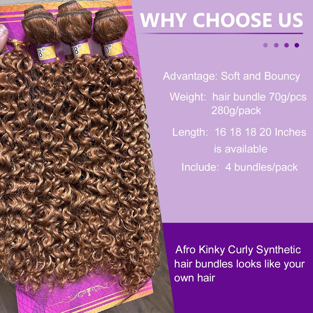Highlight Brown Afro Kinky Curly Synthetic Hair Weave 4 Bundles 16 18 18 20 Inches Jerry Curl Synthetic Hair Weft Extensions(Color 30)