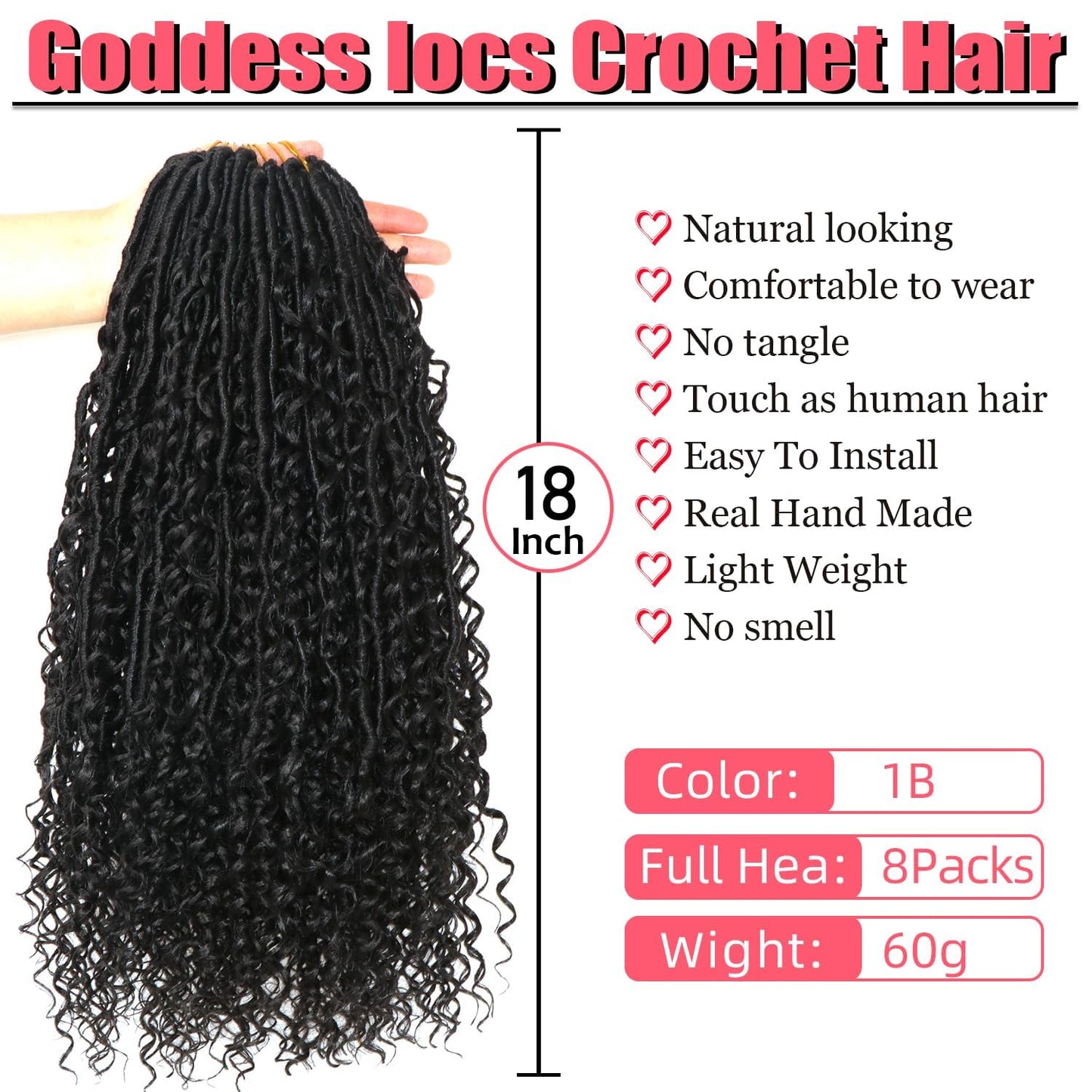 Goddess Locs Crochet Hair-18 Inch 8 Packs Boho Faux Locs Crochet Hair for Black Women Pre Looped Soft Locs with Curly Ends (1B#, 18 Inch(Pack of 8))