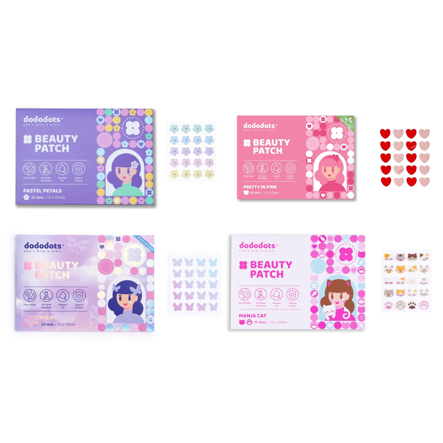 Dododots Pimple Patches for face - Cute Acne Hydrocolloid Patch, Pimple Patches for Zit, Spot and Blemish Treatment, Bundles (Butterfly, Cat, Flower and Heart)
