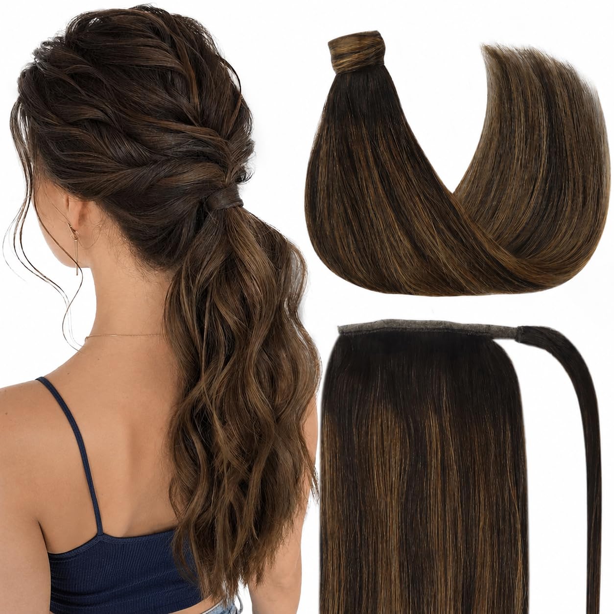 Ve Sunny Hair Extensions Ponytail Real Human Hair 80g Wrap Around Straight Ponytail Extensions Dark Brown Balayage Chestnut Brown clip in Style Short Length 14 Inch