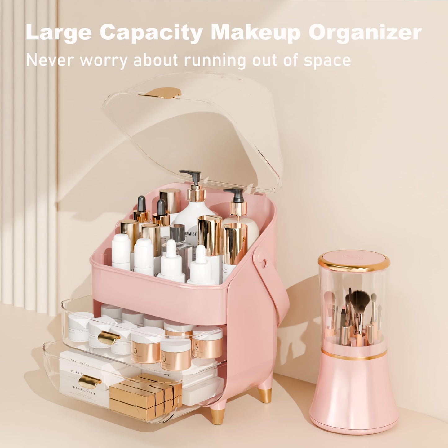 Makeup Organizer Countertop With Lid And Drawers Large Skin Care Cosmetic Display Case Holder for Vanity Desk Bathroom Storage Box,Green