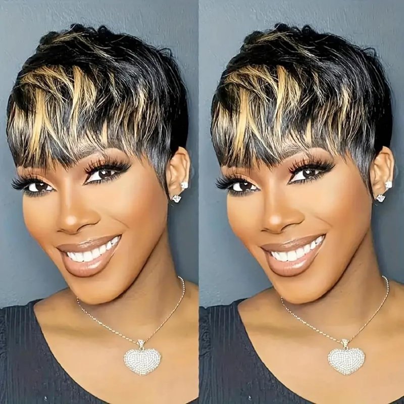 Nigteye Short Pixie Cut Wig for Black Women Human Hair Black and Blonde Color Glueless Wig Pixie Cut Human Hair Layered Brazilian Virgin For Women