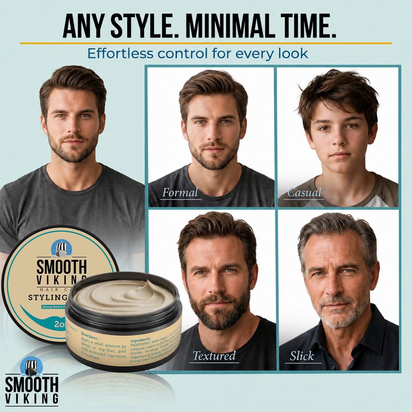 Smooth Viking Hair Clay for Men Strong Hold Matte Finish Pomade Texture Styling Paste Natural Thickening Hair Product Easy Wash Out All Type Hairs 2oz