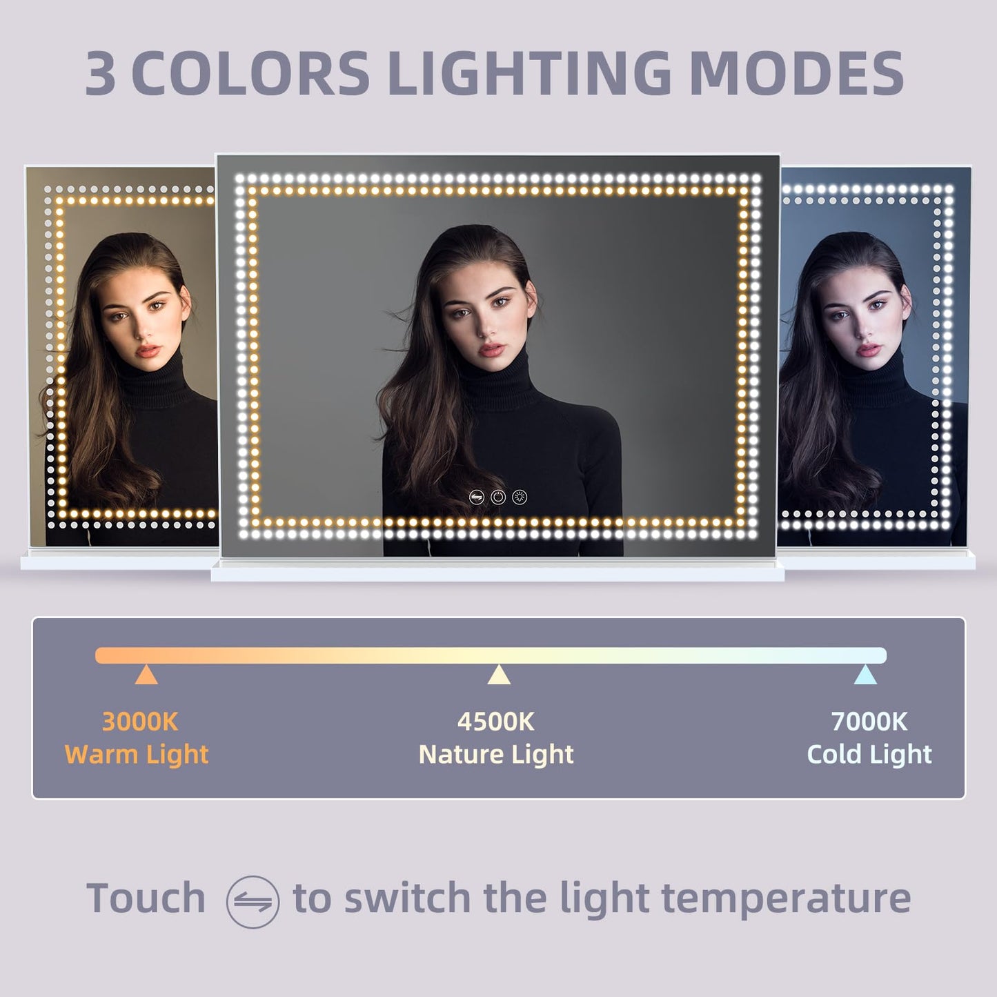 Vanity Mirror with Lights Tempered Glass 22.8" x 18.1" Lighted Makeup Mirror with Light Strip Crushed Crystal 3 Colors Modes Dimmable Lights USB Port and 10X Magnification, White (9.84" x11.81")