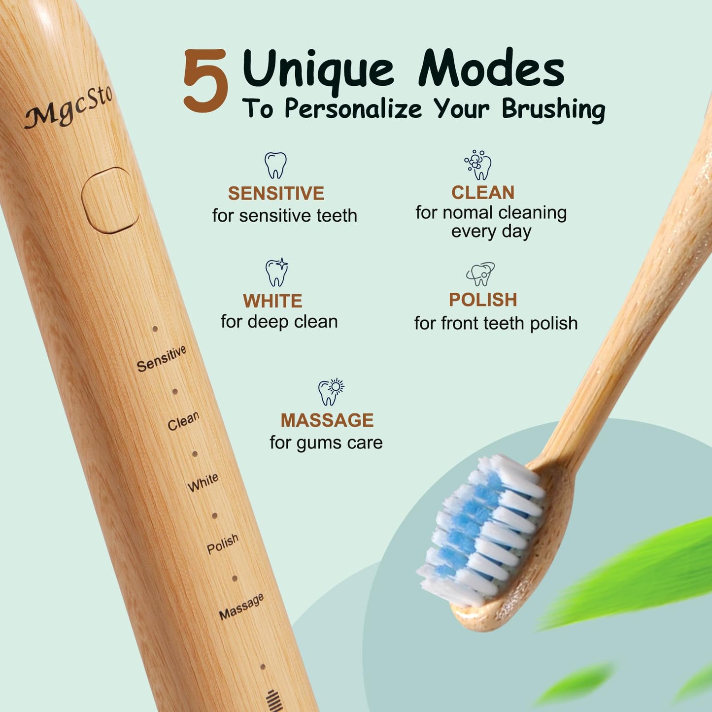 MgcSto Sonic Electric Bamboo Toothbrush for Adults -5 Adjustable Cleaning Modes -Includes 2 Bamboo Heads with Castor Oil Bristles - Upgraded IPX7 Waterprood -Convenient Charging & Travel Case