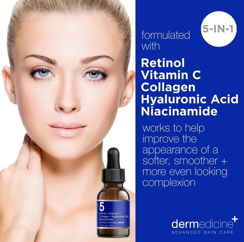5 in 1 Potent Face Serum with Retinol, Vitamin C, Collagen, Hyaluronic Acid, Niacinamide | May Help Improve Appearance of Fine Lines and Reduce Appearance of Dark Spots | 2 fl oz / 60 ml