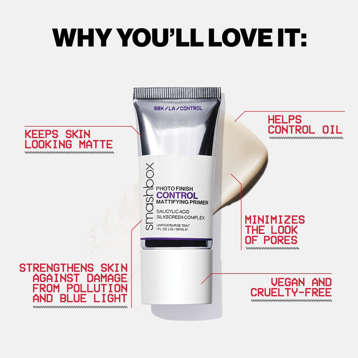 Smashbox Photo Finish Control Mattifying Makeup Primer | Pore-Minimizing, Oil-Controlling Primer that helps Reduce Shine | Silkscreen Complex, Witch Hazel, Salicylic Acid + Zinc, 1 Fl Oz