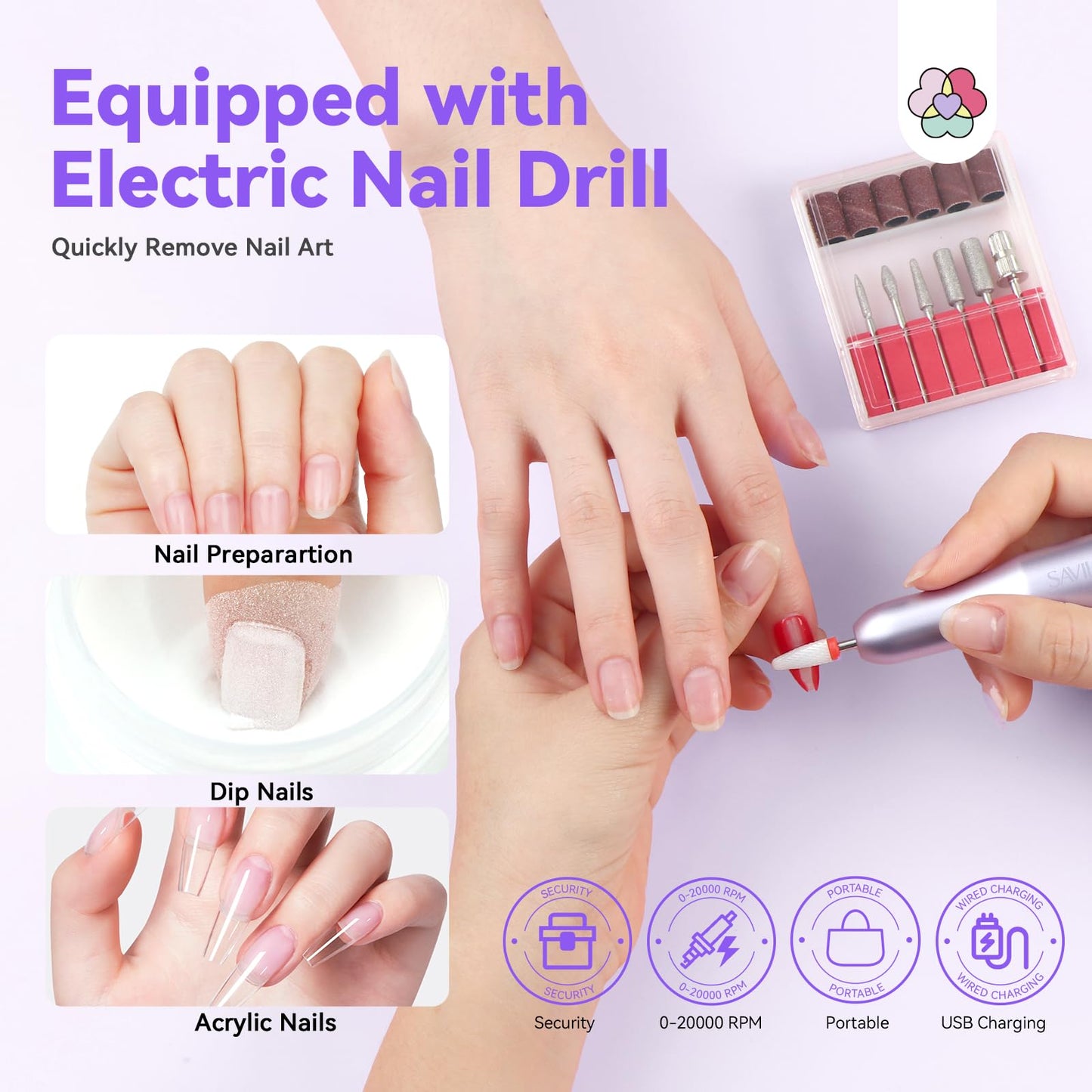 SAVILAND Clear Dip Powder Nail Kit with Electric Nail Drill: 60g/2.1oz Clear Dipping Powder for Nails with Dip Nail Liquid Set Base Activator & Top Coat Brush Saver Builder Repair Kit Home Manicure