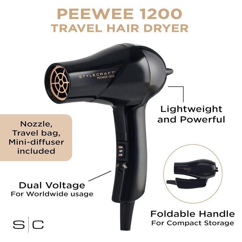 Peewee Travel Hair Dryer - Dual Voltage, Lightweight Ionic Turbo Motor | Includes Diffuser & Travel Bag, Black