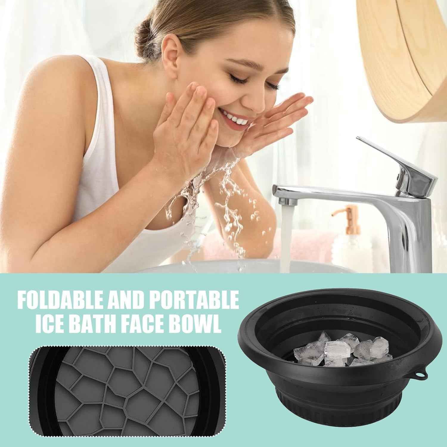 MOQRUAO 1PackFace Bowl for Ice with Built-in Ice Tray – Collapsible Silicone Facial Ice Bath Bowl for Cold Plunge Therapy, Skin Tightening & Acne Relief – Portable Spa Tool for Home & Travel (Black)
