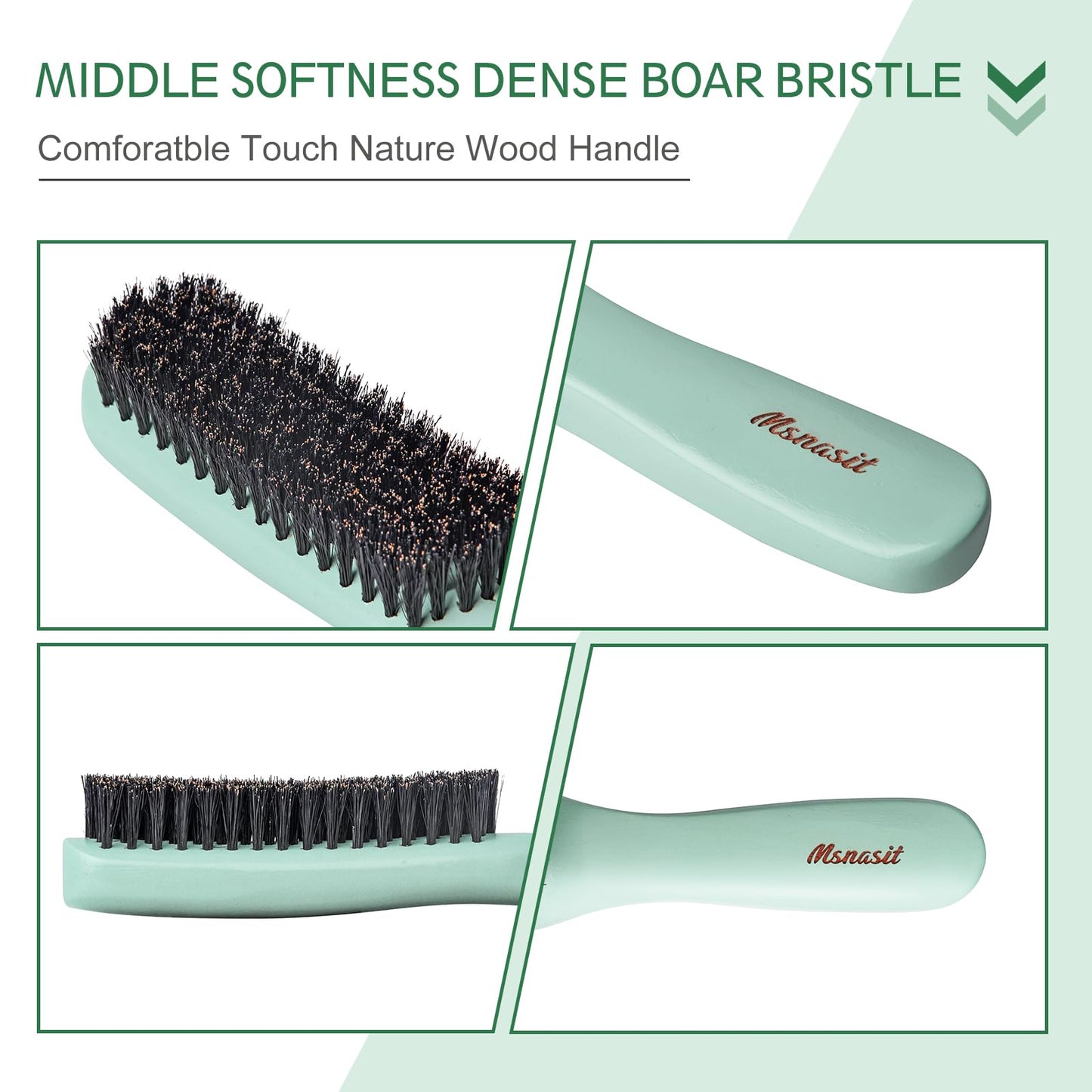 Slick Back Hair Brush, Professional Edge Control Brush, Middle Softness Boar Bristle Wooden Handle Hairbrush Smoothing Frizz & Flyaways, Natural Wood Comb for Thin and Fine Hair (Green)