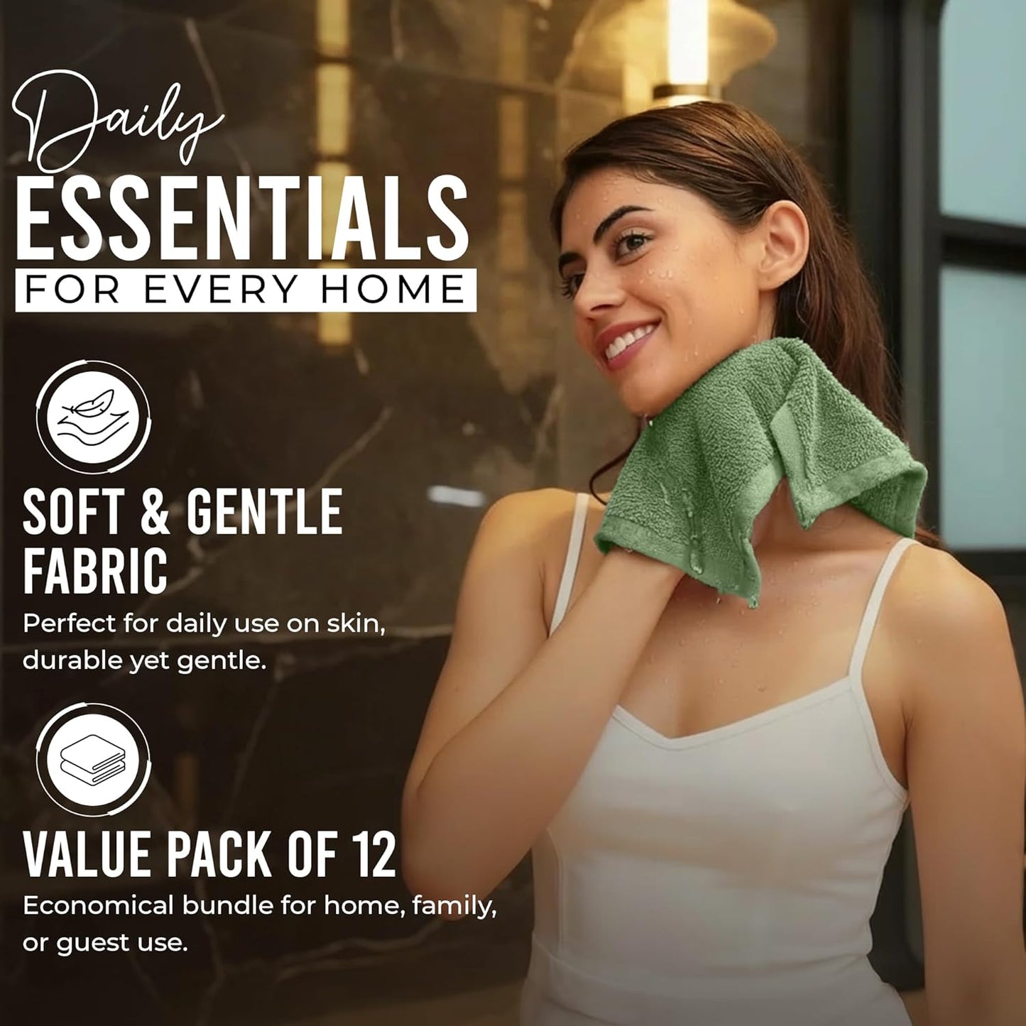 Riverside 12-Pack Cotton Sage Green Face Towels | Soft & Absorbent 550 GSM Washcloths for Bathroom, Spa & Gym