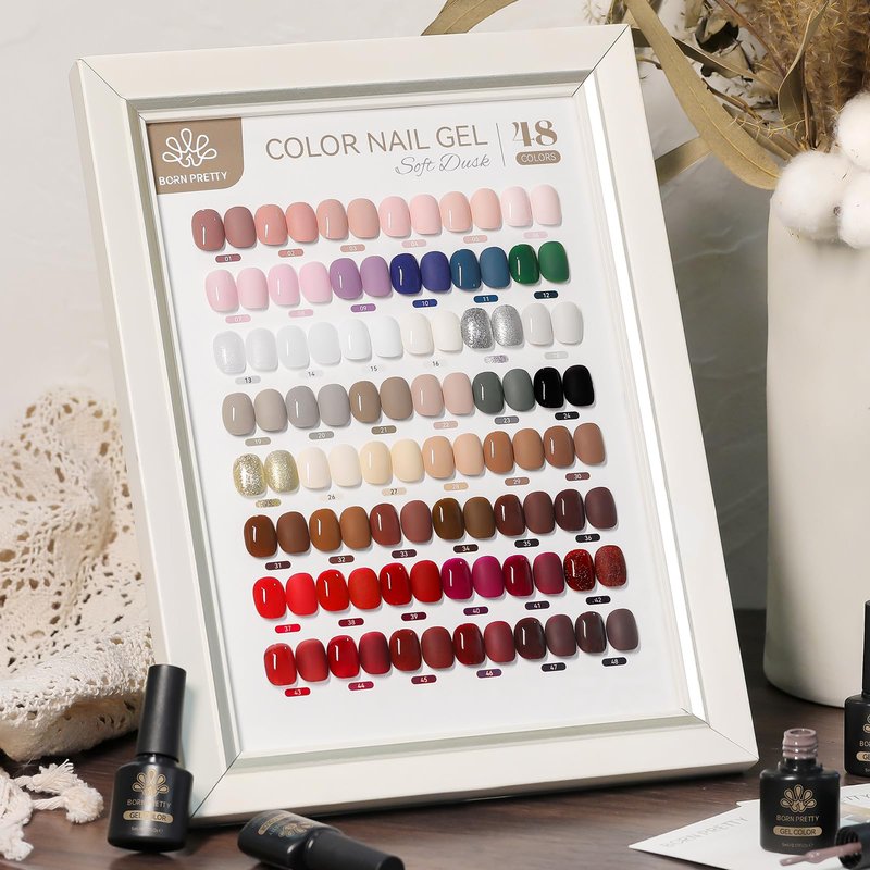 Born Pretty Nude Pink Gel Nail Polish 52Pcs Skin Tone White Beige Khaki Green Burgundy Red Purple Brown Chocolate Gold Silver Shimer Glitter Gel Polish with Glossy Matte Glitter Base Top Coat
