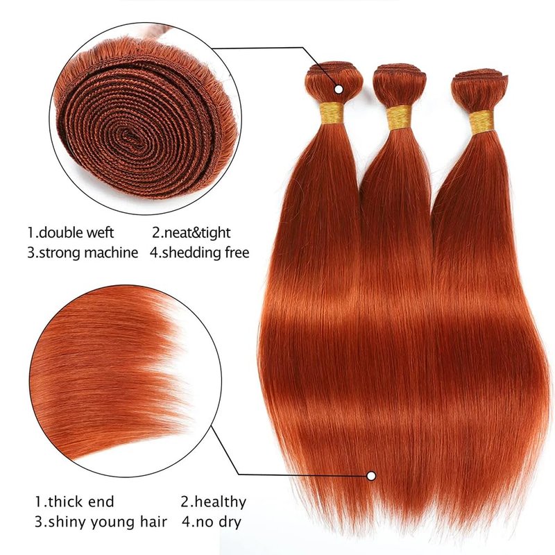 Ginger Bundles Color 350 Straight Human Hair Bundles 8 10 12 inch Double Weft Brazilian Virgin Orange Straight Human Hair Extensions Soft and Silky for Women