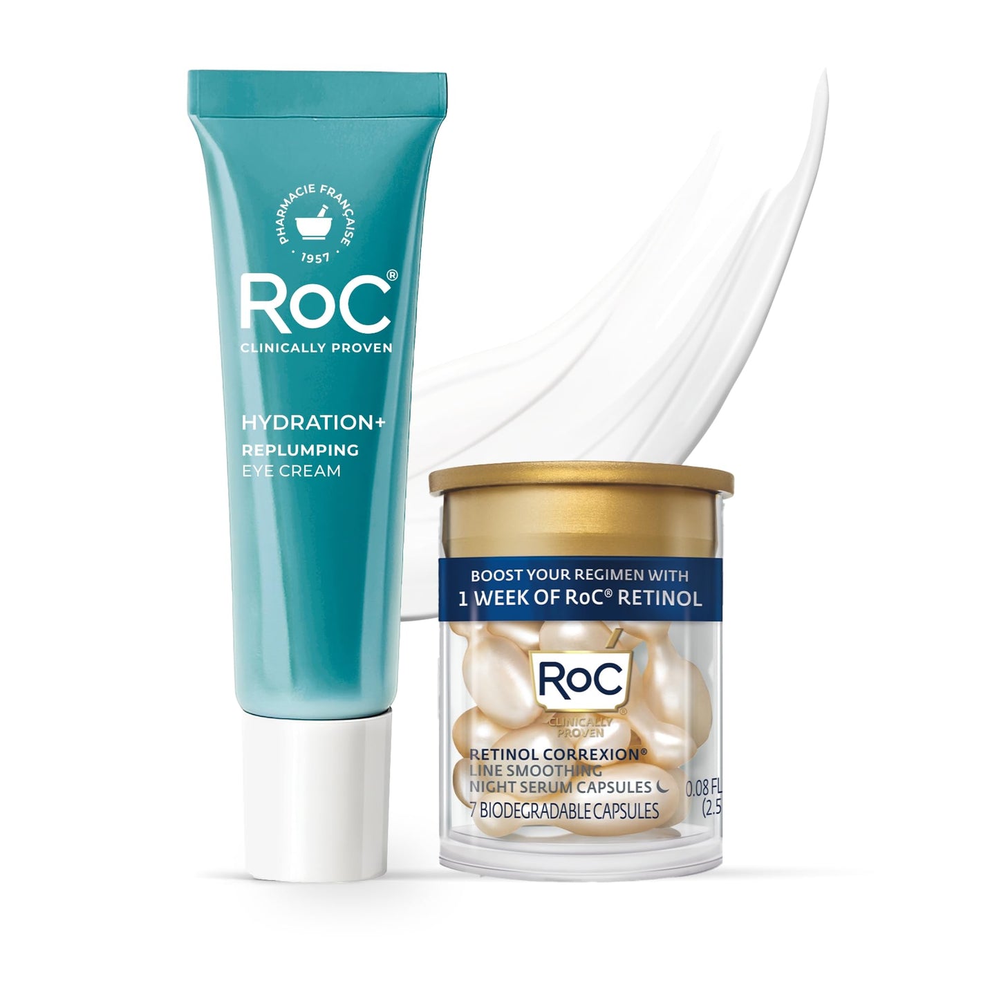 RoC Multi Correxion Hyaluronic Acid Anti Aging Under Eye Cream for Puffiness & Dark Circles (.5 OZ) + RoC Retinol Capsules (7 CT), Skin Care Routine, Fragrance & Paraben Free for Women and Men