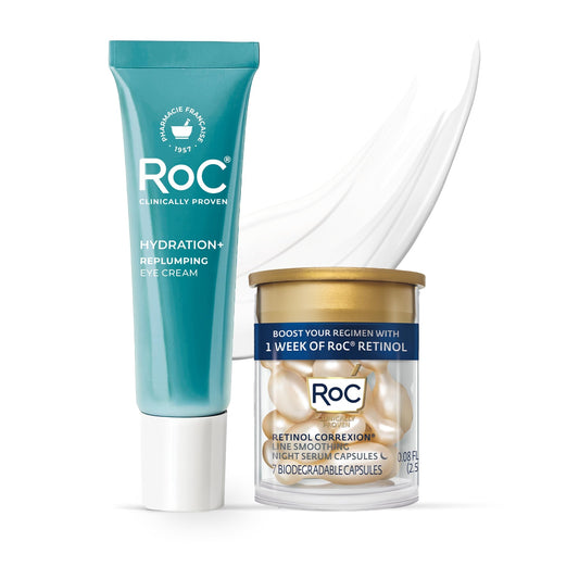 RoC Multi Correxion Hyaluronic Acid Anti Aging Under Eye Cream for Puffiness & Dark Circles (.5 OZ) + RoC Retinol Capsules (7 CT), Skin Care Routine, Fragrance & Paraben Free for Women and Men