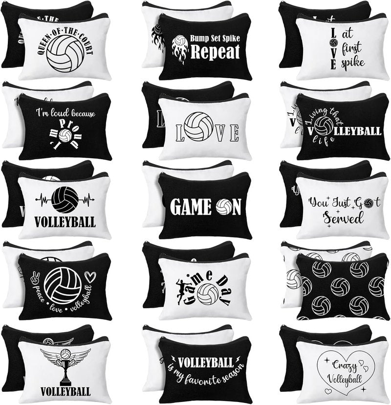 Volleyball Cosmetic Bags - 30 Pcs Travel Pouch Set for Women | Canvas Makeup Bags for Teams (Black & White)