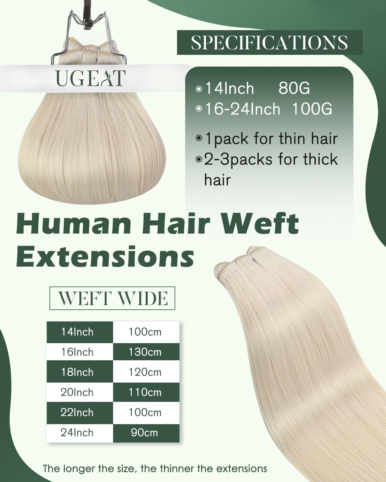 Ugeat Weft Hair Extensions Human Hair, Hair Extensions Sew in Blonde, Sew in Extensions 14 Inch 80g Platinum Blonde, for Short Hair