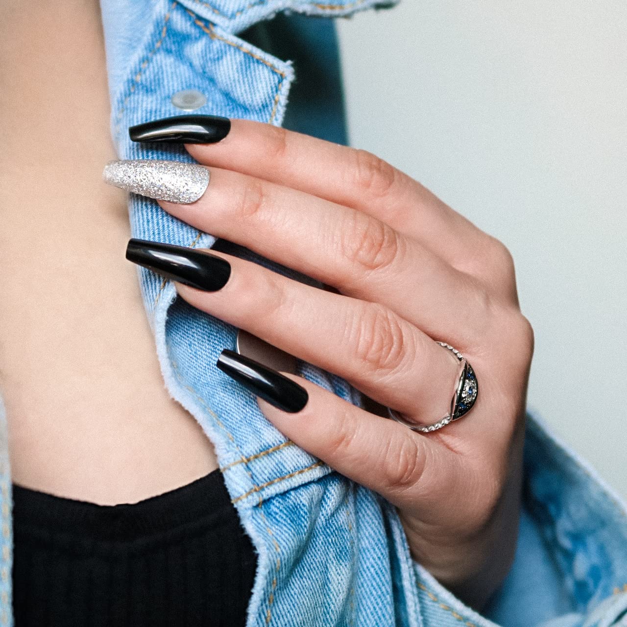 Press On Nails - Midnight Black Medium Long Tapered Ballerina | 20 Pcs Coffin Nail Kit with Glue, 10 Sizes