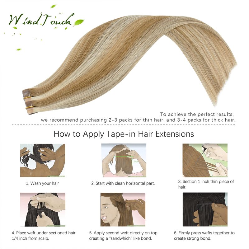 WindTouch Tape in Hair Extensions Mixed Bleach Blonde 100% Human Hair Extensions 18Inch #18p613 40g