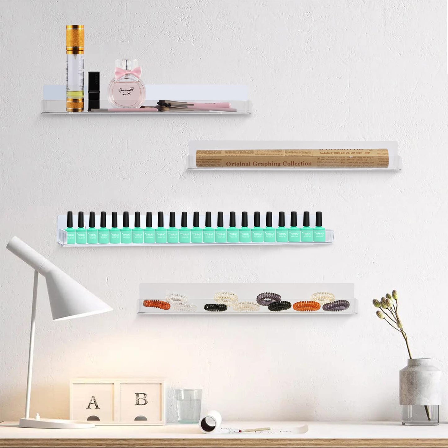 trophable 24in Nail Polish Rack Wall Mounted Shelf with Removable Anti-Slip End Inserts, 6 Pack Clear Acrylic Nail Polish Organizer Wall Rack Display 150 Bottles