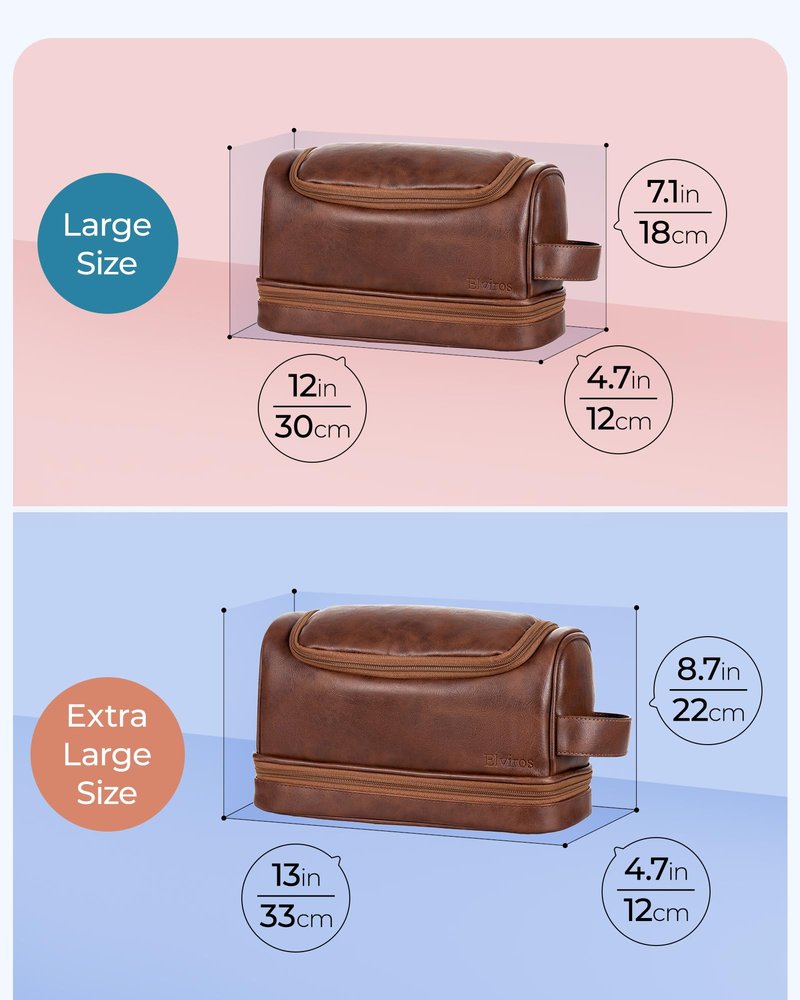 Elviros Toiletry Bag for Mens PU Leather Travel Organizer Kit with Hanging hook, Large Water-resistant Toiletries Bathroom Shaving Bags (Extra Large, Dark Brown)
