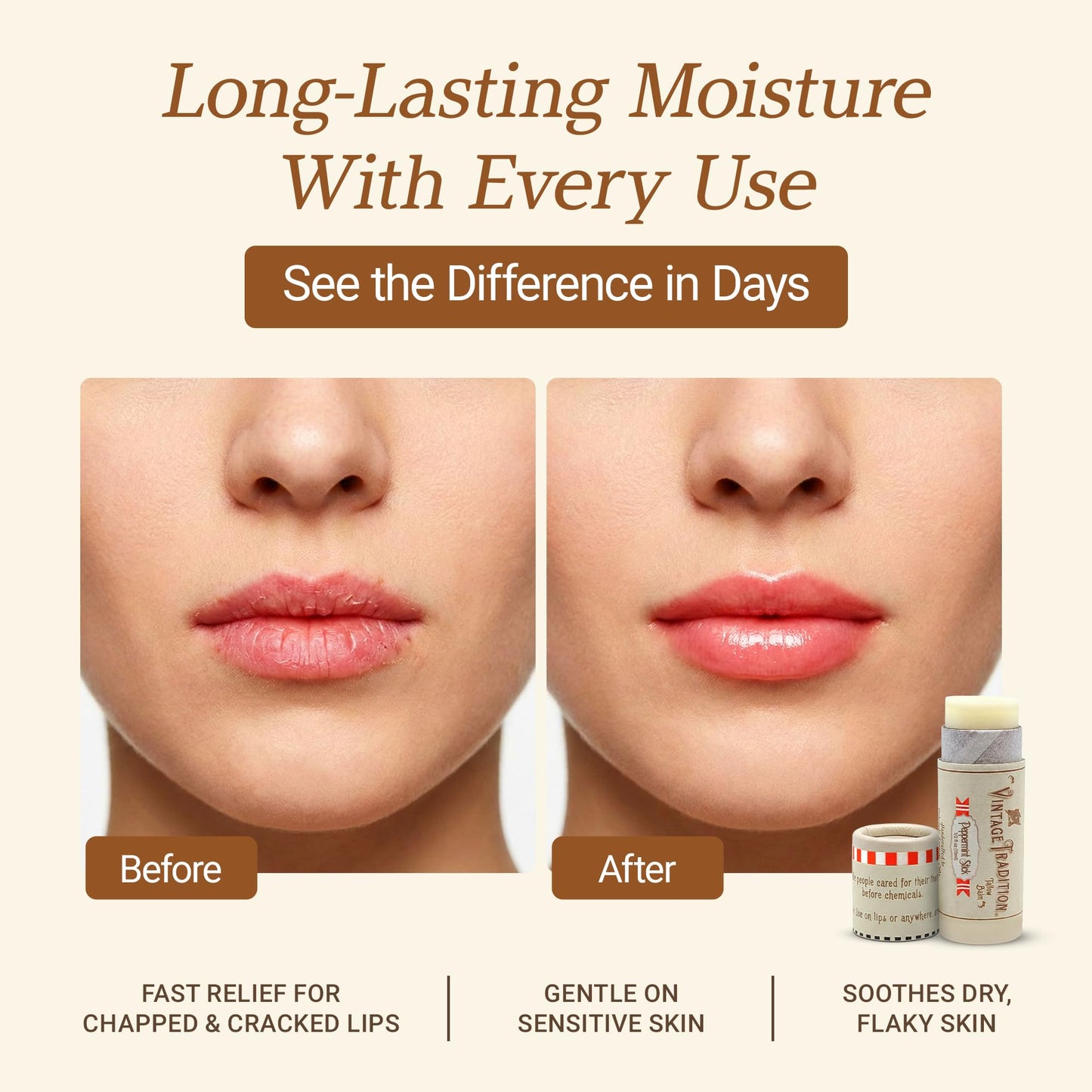 Vintage Tradition Moisturizing Beef Tallow Lip Balm – Tube Lip Moisturizer with Peppermint Essential Oil Hydrates & Soothes Dry Lips – Grass-Fed Tallow Balm for Skin Care, 0.5 Fl. Oz.