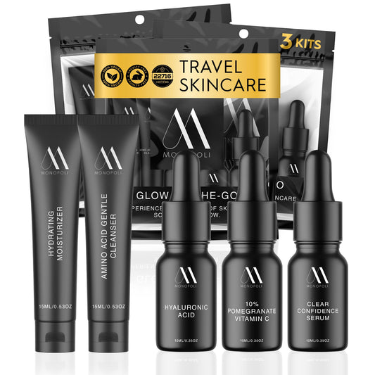 Monopoli Skin Travel Skincare Set | Airplane-Friendly Sizes | Complete Facial Skin Care Kit with BHA Serum, Vitamin C, Moisturizer & Cleanser | Perfect Essentials & Gift Set for Women & Teens | 3 Kits