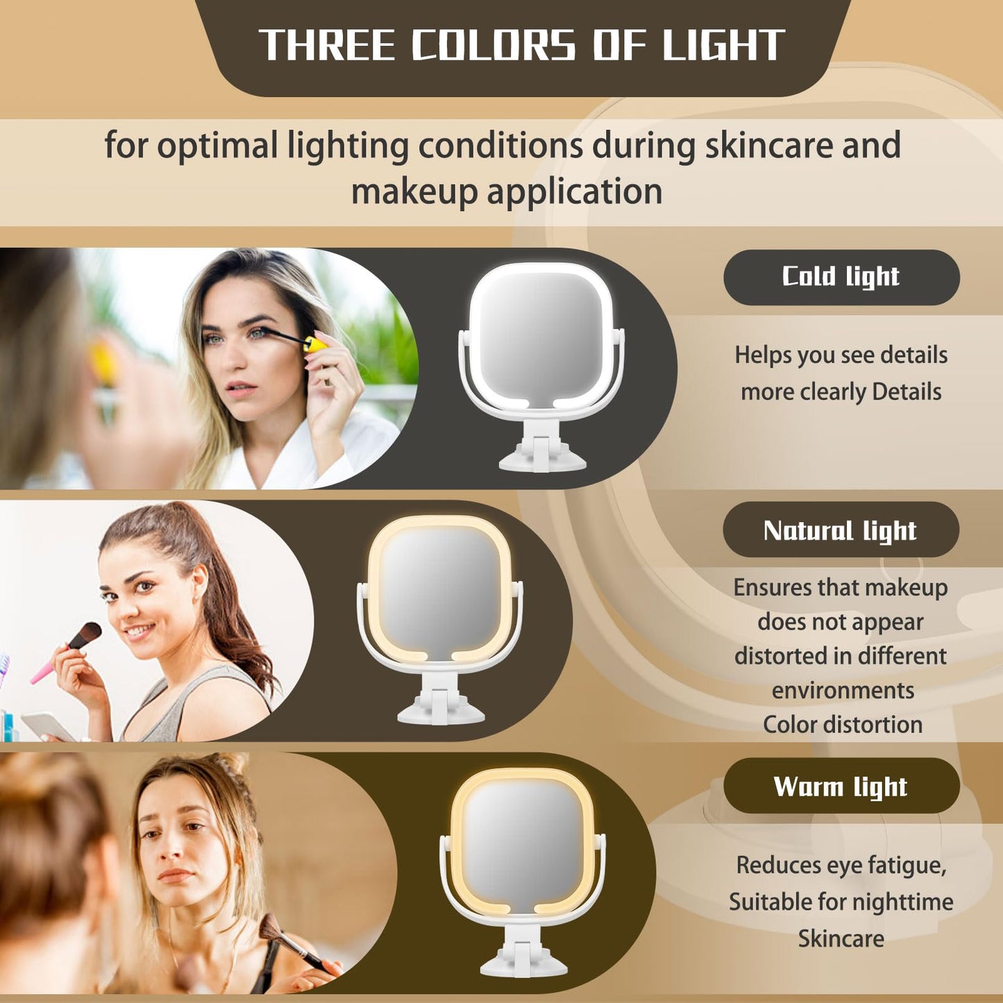 Ukransa Square 30X Magnifying Makeup Mirror with Light, Dual-Sided Suction Cup Vanity Mirror, 3 Lighting Modes & Stepless Dimming, Rechargeable, 360° Rotatable, Portable Wall-Mounted Mirror