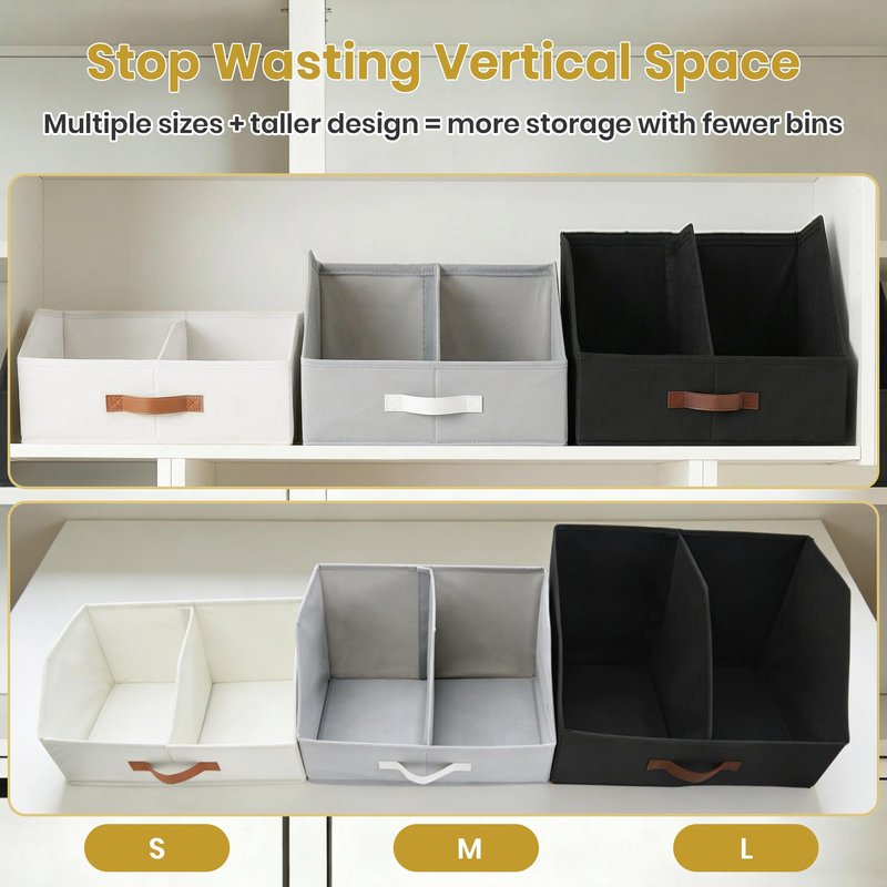 Closet Organizers And Storage - UPGRADED Trapezoid Storage Bin With Leather Handles & Adjustable Dividers, Fabric Collapsible Storage Bins For Clothes Storage & Shelf Organizer (3pcs,Small,Light Gray)