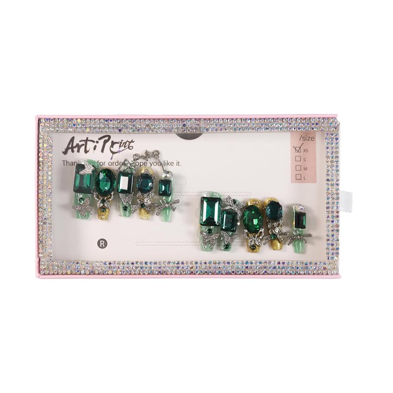 Emerald Green Press-On Nails Set - Dramatic Butterfly Design with Rhinestones | Easy Application & Gentle on Nails
