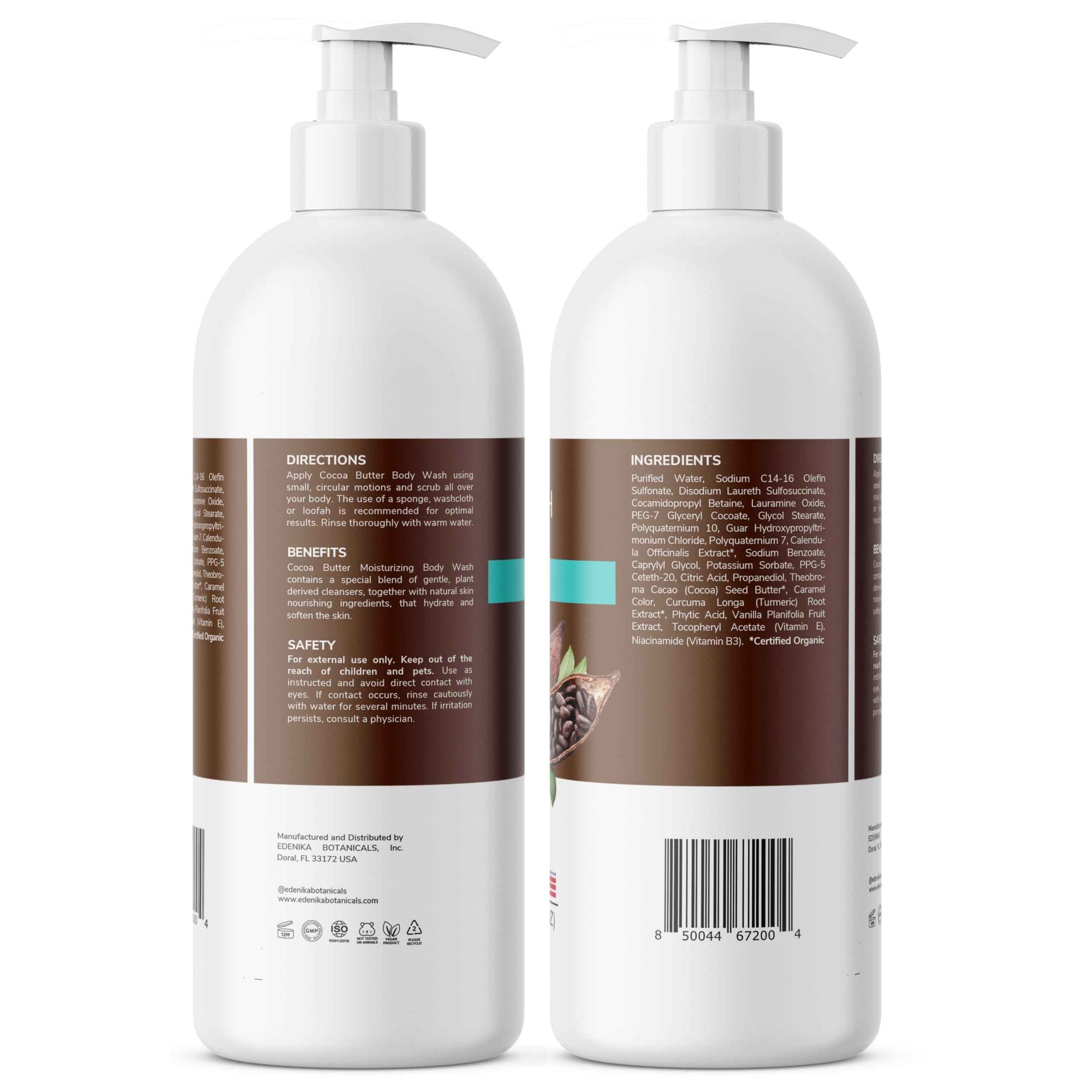 EDENIKA BOTANICALS Cocoa Butter Body Wash, Cleanses, Hydrates & Nourishes, Deep Moisturizing Shower Gel for Dry and Sensitive Skin, Women & Men, Organic & Natural, 16 fl oz, 2-Pack